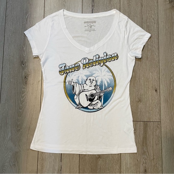 True Religion Tops - True Religion Women's White Buddha Guitar V-Neck Graphic Tee Shirt Y2K Medium